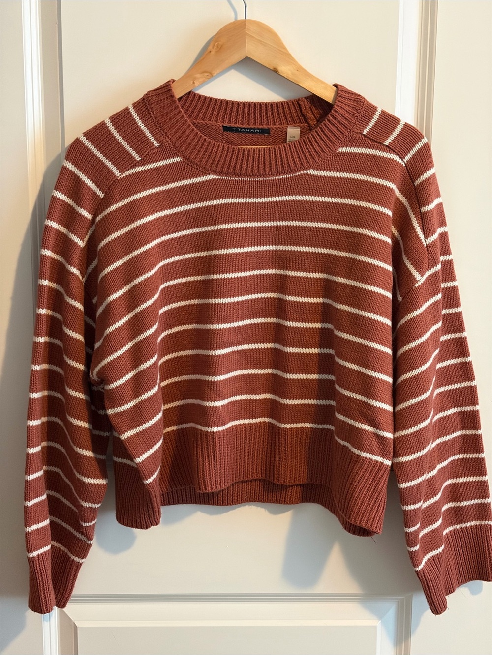 Tahari Rust and Cream Striped Crewneck Sweater